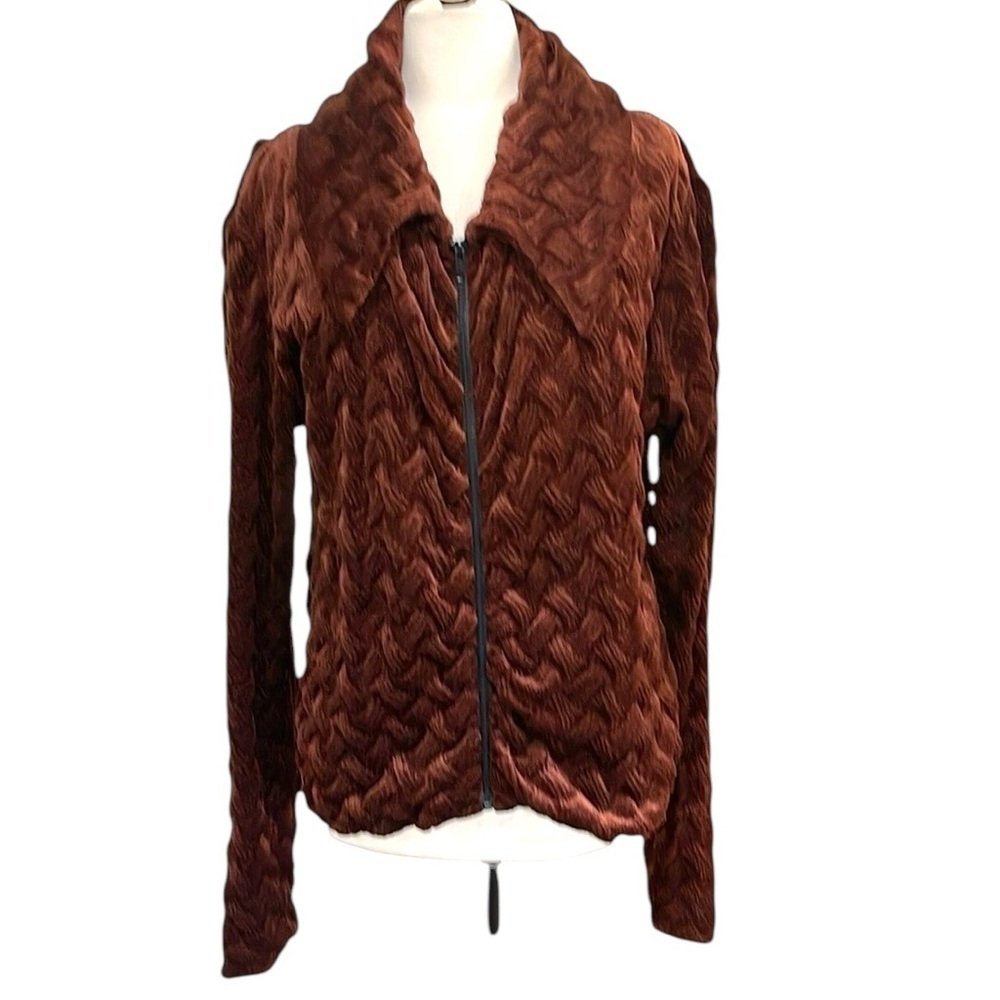 Bekke Chenille Textured Basket Weave  Zip Front Light Jacket Dark Brown SZ M